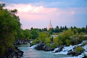 The falls in Idaho Falls, Idaho with the Idaho Falls Temple in the Back ground with the Snake River.