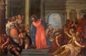 Padua - Paint of Jesus Cleanses the Temple scene in the church Chiesa di San Gaetano and the chapel of the Crucifixion by unknown painter form 17. cent.