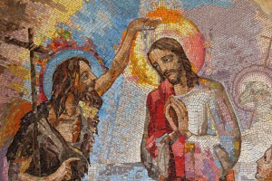 Medjugorje, Bosnia and Herzegovina, August 16 2016: Mosaic of the baptism of Jesus Christ by Saint John the Baptist as the first Luminous mystery